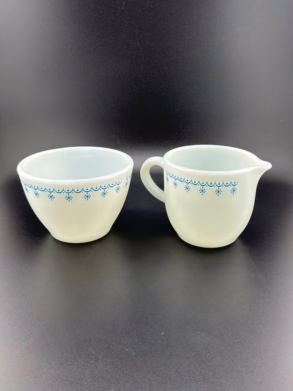 Pyrex White Creamer and Sugar Bowl with Blue Snowflake Trim